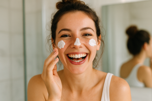 Girl funnily applying face cream laughing 